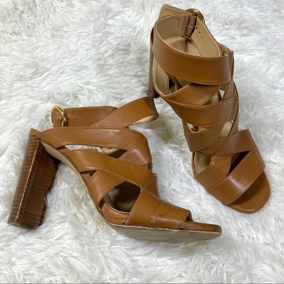 MICHAEL Michael Kors Criss Cross Strap Gladiator Tan Brown Heels Wood Heel 8.5 - Picture 3 of 10